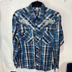 Panhandle Slim Blue Black‎ Plaid Pearl Snap Embroidered Shirt Men's M